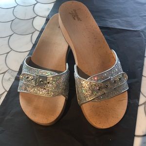 Jcrew x DrScholl’s silver sparkle slides